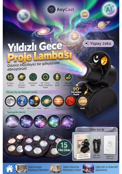 Anycast Yıldızlı Gece Proje Lambası 15 Sahne Hd Led Yıldız Projektör Usb Şarjlı Ay Gezegen Dünya Takımyıldız Projeksiyon Gece Lambası Dekoratif Masa Lambası 15 Film Diskli Salon Yatak Odası Aydınlatma
