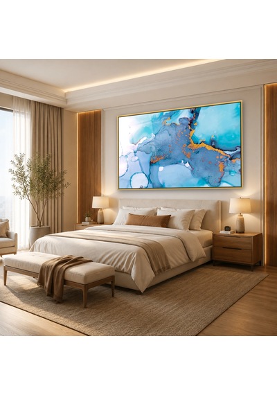 Açık Mavi Gri Mürekkep Ve Altın Hardal Gold Çerçeveli Cam Tablo