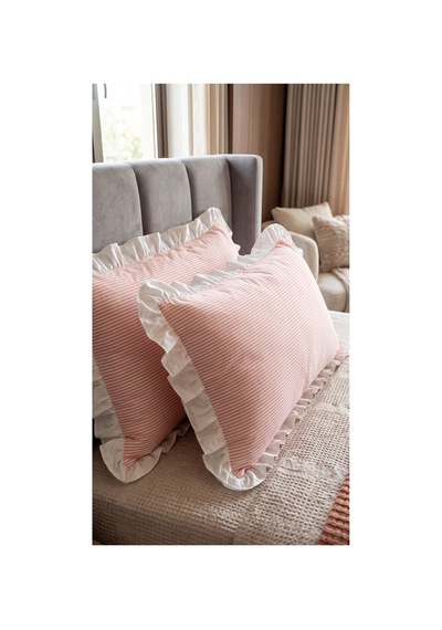 2'li Pamuklu Kumaş Beyaz Fırfırlı Çizgili Yastık Kılıfı 50x70 Cm Turuncu - 905289691 Turuncu