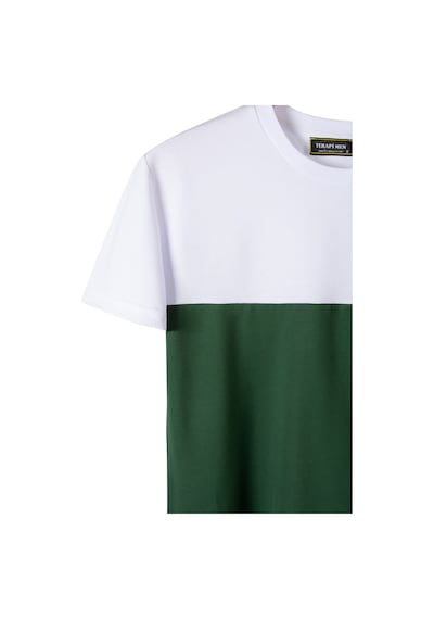 Yeşil Beyaz İki Renk Regular Kalıp Bisiklet Yaka Pamuklu T-shirt Yeşil