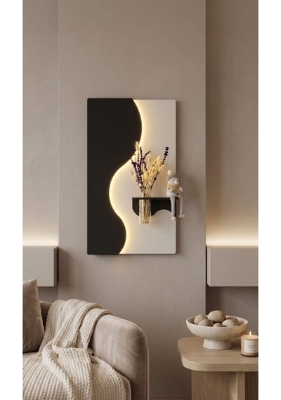 Manolya Ahşap Pilli Ledli İskandinav Tarzı Salon Duvar Rafı Modern Çiçeklik 40 X 70 Cm Çok Renkli