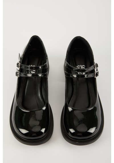 Selin Shoes Sandy Çift Bantlı Rugan Kadın Loafer- Siyah Rugan