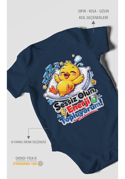 Morivokids Sessiz Olun, Enerji Topluyorum Kısa Kollu Bebek Body %100 Pamuk Lacivert
