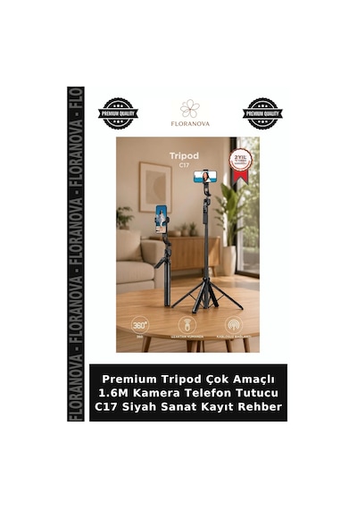 Premium Tripod Çok Amaçlı 1.6m Kamera Telefon Tutucu C17 Siyah Sanat Kayıt Rehber