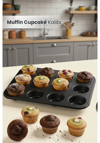 12'li Muffin Cupcake Pişirme Kalıbı Yapışmaz Çok Amaçlı Fırın Kalıbı Antrasit