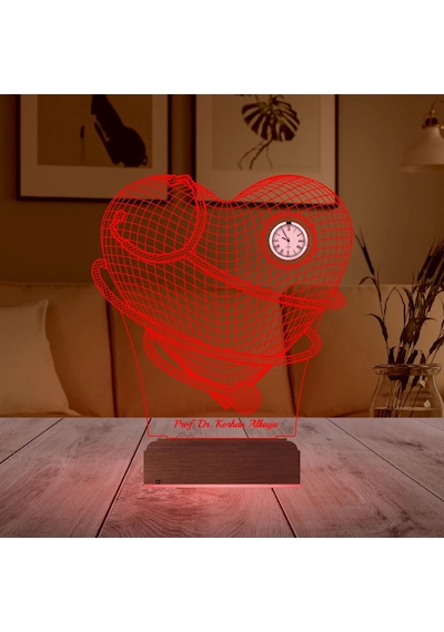 Luvivia Doktor Hediye Kalp Cerrah Steteskop Kişiye Özel Metal Saatli 3d Lamba - Masa Gece Lambası Şeffaf