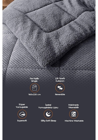 Ultra Yumuşak Tek Kişilik Çift Taraflı Wellsoft Peluş Yorgan Yıkanabilir 160x220 Antrasit Antrasit