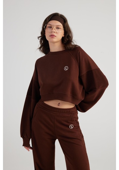 Holly Lolly Bisiklet Yaka Şardonsuz Crop Cali Sweatshirt Kahve
