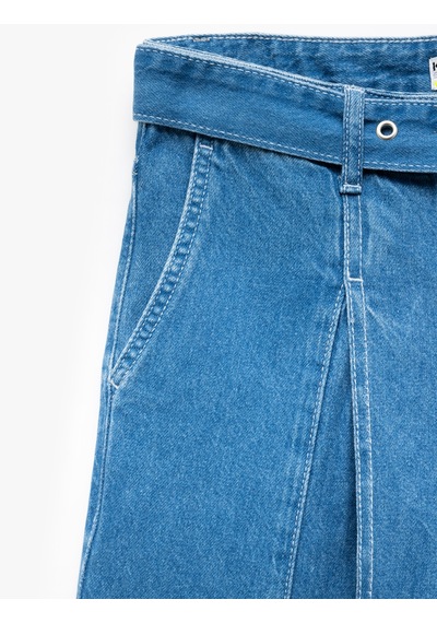 Koton Geniş Paça Kemer Detaylı Pileli Pamuklu Jean Pantolon - Wide Leg Jeans Orta İndigo 5sal40181md Indigo