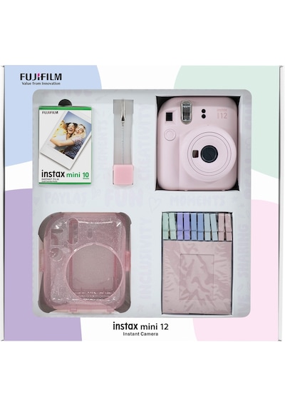 Fujifilm Instax Mini 12 Fotoğraf Makinesi + 10'lu Film + Simli Pleksi Kılıf + Mandal + Kıskaçlı Standı Pembe