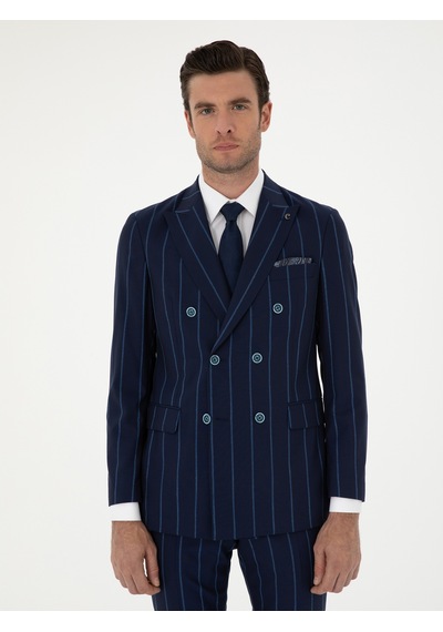 Cacharel Lacivert Slim Fit Çizgili Yün Takım Elbise