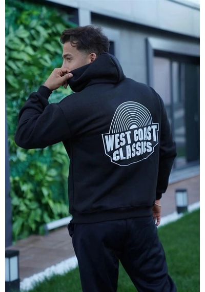 Erkek Kapüşonlu Kanguru Cepli Sweatshirt 3 İplik Pamuklu Baskılı Hoodie - Siyah