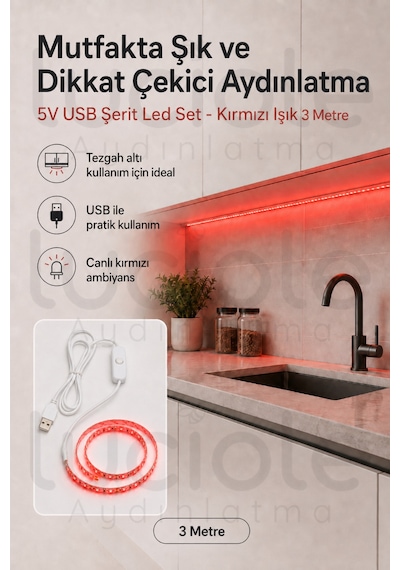 3 Metre 5v Usb Kırmızı Şerit Led Aç Kapa Anahtarlı Gaming Tv Masa Raf Araç Dekoratif Led