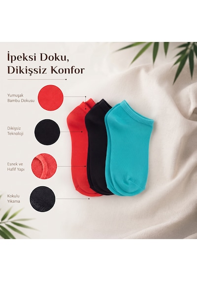 Nilya Erkek Renkli Bambu Dikişsiz Patik Çorap Seti 12'lı Paket Çok Renkli