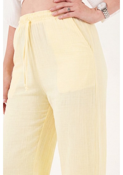 Lela Pamuklu Bağlamalı Relaxed Fit Yüksek Bel Geniş Paça Müslin Pantolon Bayan Pantolon 5866663 Sarı