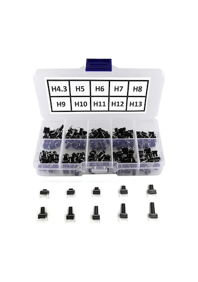 200 Adet 6x6mm Tact Buton Set 10 Farklı Yükseklikte 4 Pin Dokunmatik Anlık Basmalı Düğme Anahtar