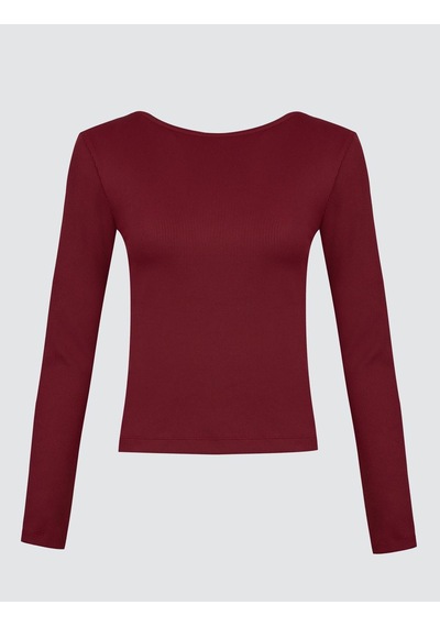 Jimmy Key Bordo Dar Kesim Uzun Kollu Kayık Yaka Örme Bluz 6sw035204562
