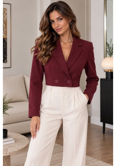 Lima Bordo Kadın Crop Blazer Ceket Kruvaze Yaka Çift Düğmeli Kısa Ceket
