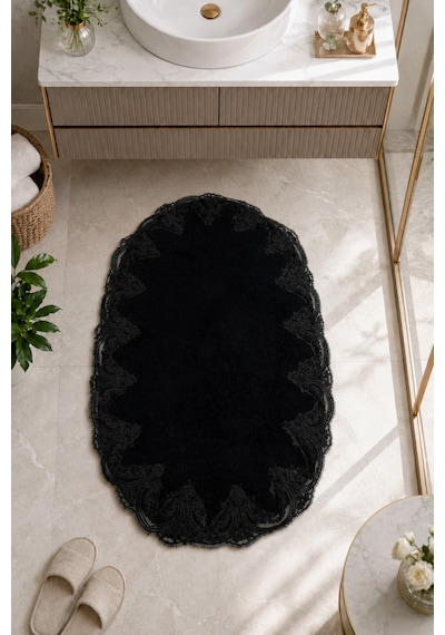 Siyah İşlemeli Kaymaz Deri Tabanlı Oval Banyo Paspası Güpürlü Yıkanabilir Banyo Takımı Piera Beyaz