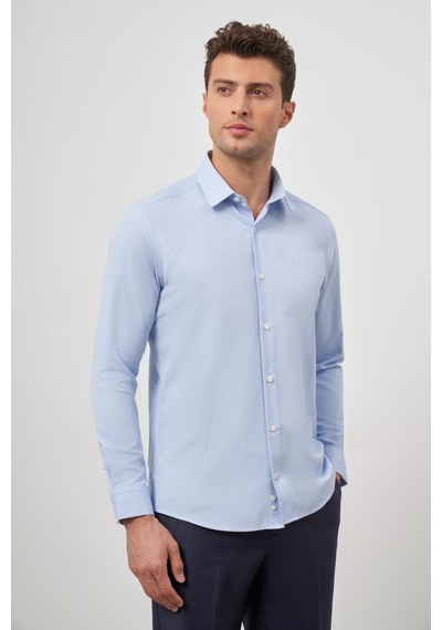 İmza Mavi Uzun Kol Kendinden Desenli Armürlü 032 Sert Yaka Classic Slim Fit Gömlek 1004245151 Mavi