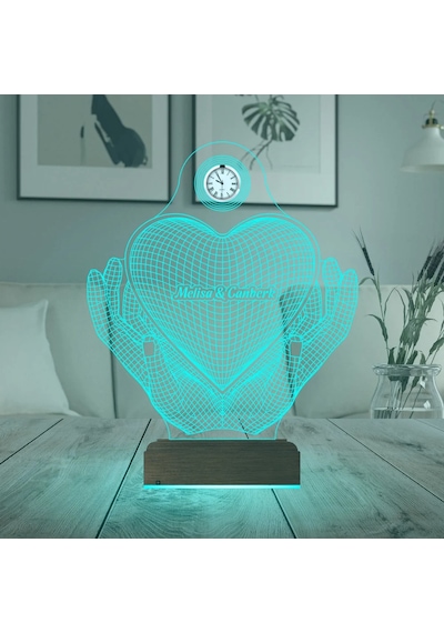Luvivia Sevgiliye Hediye Kalp El Tasarımlı Kişiye Özel Metal Saatli 3d Lamba - Masa Gece Lambası