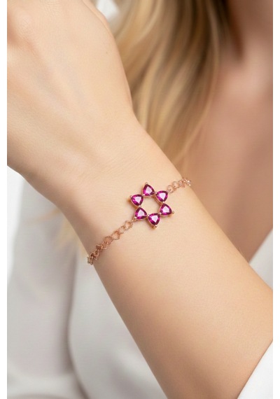 Aşkın Fısıltısı Ruby Taşlı Bileklik 925 Ayar Gümüş Kalp Zincir 20 Cm Rose Gold