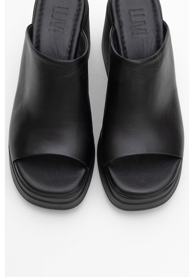 Luvishoes Nola Siyah Cilt Hakiki Deri Kadın Platform Topuklu Terlik Siyah