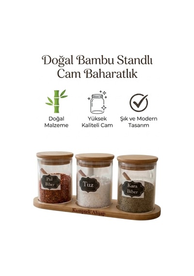 3 Lü Borosilikat Cam Baharatlık Seti - Doğal Bambu Ahşap Kapaklı Ve Kaşıklı Stand Mutfak Düzenleyici Diğer