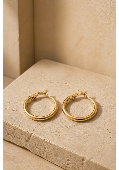 Gold Renk 22 Mm Çelik Düz Klasik Halka Küpe - Minimalist Klipsli Halka Küpe