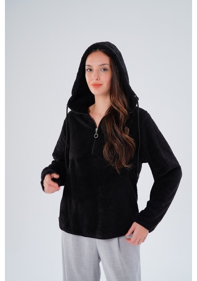 Gülmina Moda Kadın Çift Taraflı Wellsoft Yarım Fermuarlı Kapişonlu Sweat - Siyah