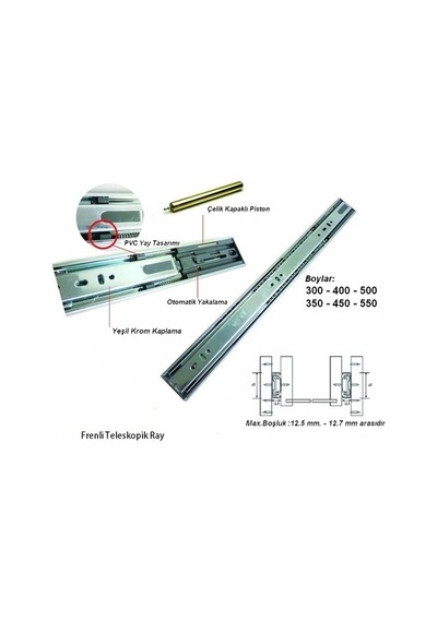 Broth Bilyeli Frenli Teleskopik Çekmece Rayı H43Mm Boy 300Mm Gri