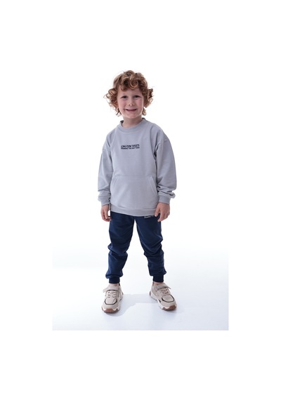 Erkek Çocuk Polar Eşofman Takımı Yumuşak Kumaş Kapüşonlu Sweat & Rahat Jogger Alt Gri