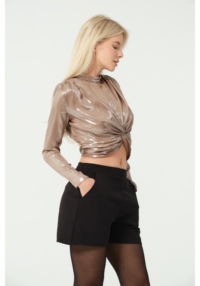 S'amore Clothing Asimetrik Crop Bluz Metalik Metalik Gold