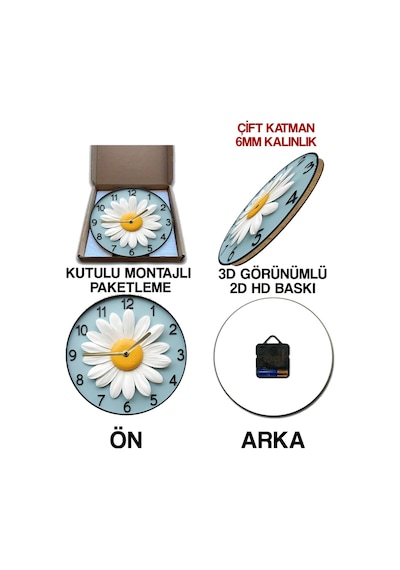 Baharın Zamanı 3d Görünümlü Papatya Duvar Saati Sdw275 Renkli