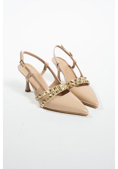Duxal Shoes Davin Zımbalı Detay Bilek Bağlı Arkası Açık Kadın Klasik Topuklu Ayakkabı Bej