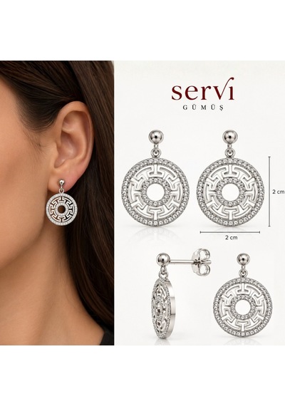 Servi 925 Ayar Gümüş Helene Zirkon Taşlı Yuvarlak Sallantılı Küpe-517
