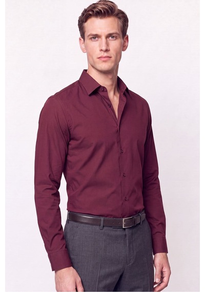 Slim Fit Pamuklu Bordo Gömlek G 1607