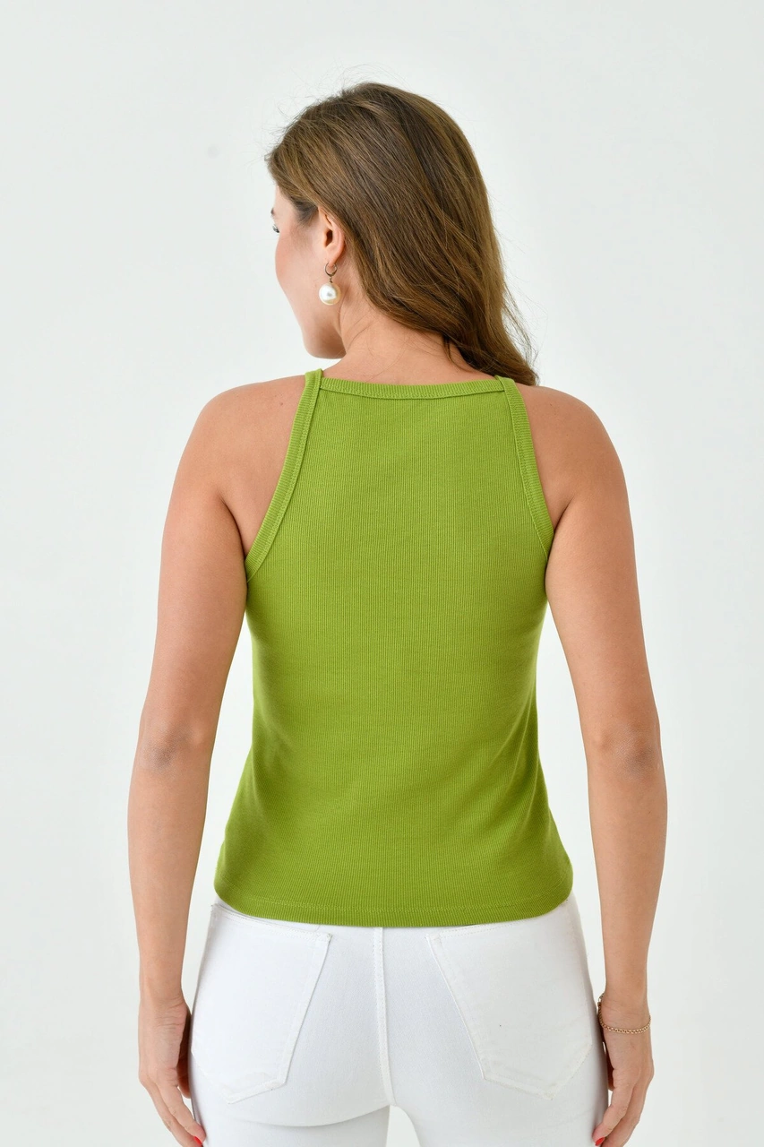 Mamayaga Kadın Askılı Fitilli Kaşkorse Spor Şık Crop Bluz Yeşil