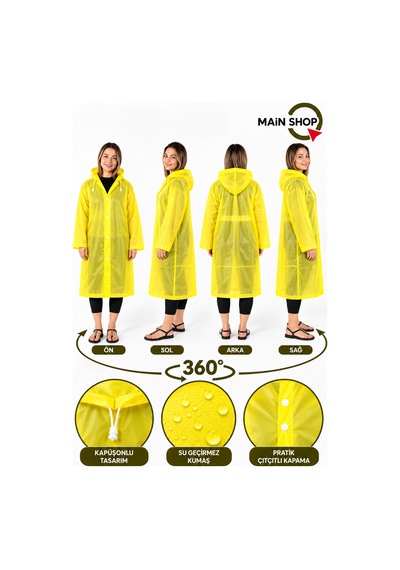 Mainshop Unisex Yağmurluk Kapüşonlu Çıtçıtlı Su Geçirmez Uzun Yağmurluk Kadın Erkek Sarı
