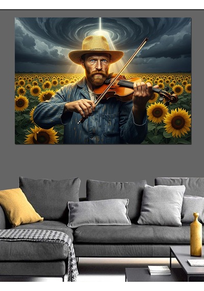 Çiçek Tarlasında Keman Çalan Van Gogh Dekoratif Kanvas - Mdf Ahşap Tablo