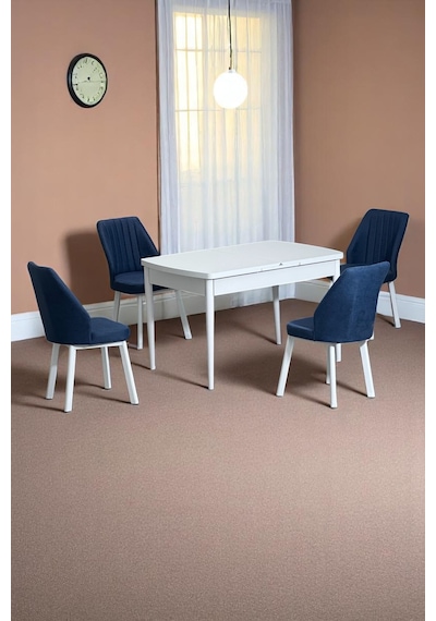Florn Beyaz 80 x 132 Açılabilen Sunta Masa Metal Ayaklı Mutfak Masası Takımı 4 Lacivert Sandalye Florn Beyaz 80 x 132 Açılabilen Sunta Masa Metal Ayaklı Mutfak Masası Takımı 4 Lacivert Sandalye