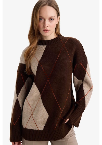 Defacto Regular Fit Bisiklet Yaka Baklava Desenli Triko Kazak Tunik G0711ax25wnbn341 Kahve-bn341