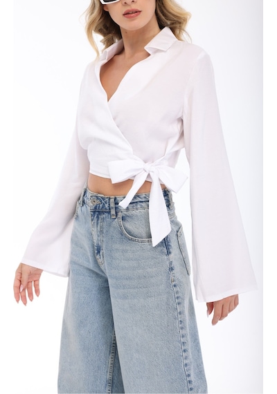 Blayn Jeans Blayn Kadın Beyaz Kruvaze Yaka Belden Bağlamalı Uzun Kollu Şık Bluz