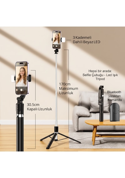 Genz Bilişim Kumandalı Işıklı Ayaklı Tripod Ve Selfie Çubuğu Ve Telefon Tutucu 30cm Ila 170cm Max Siyah