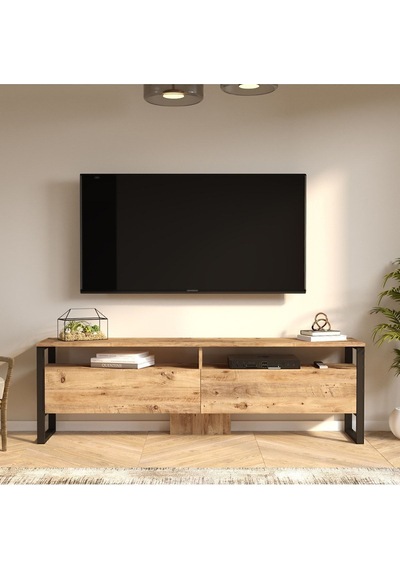 El19 Elanor 180cm Metal Tv Ünitesi Tv Sehpası 2 Kapaklı Ela19-a Atlantik Çam
