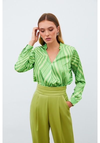 Sateen Kruvaze Desenli Bluz - Yeşil-134990 Yeşil Sateen Kruvaze Desenli Bluz - Yeşil-134990 Yeşil