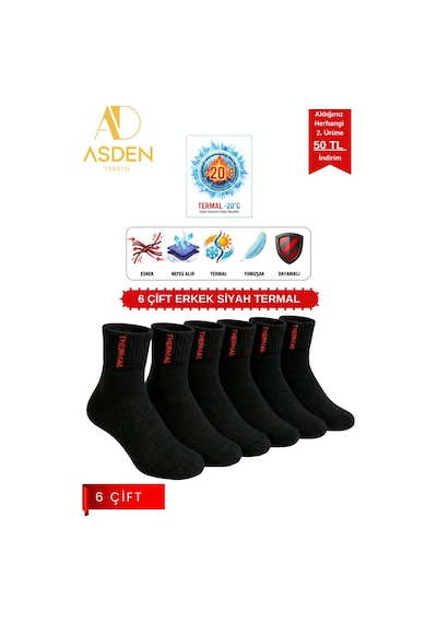 Asden 6 Çift Termal Erkek Çorap Ekstra Kalın Havlu Premium Pamuklu Burun Dikişsiz Kısa Konç Siyah Siyahkısakonç6çift