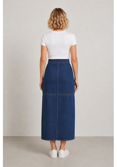 Bihan Store Önü Fermuarlı Yüksek Bel Denim Maxi Etek Y25-7581-mavi