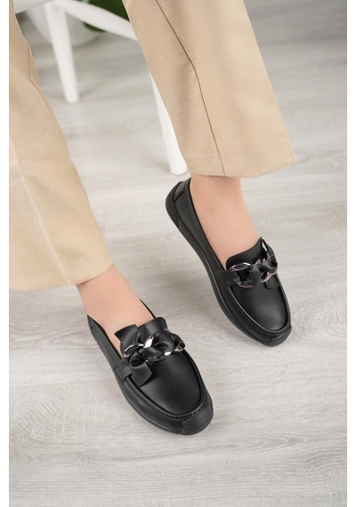 Nesil Shoes Ceylan 57 Siyah Zincir Tokalı Kadın Ayakkabı-siyah Siyah