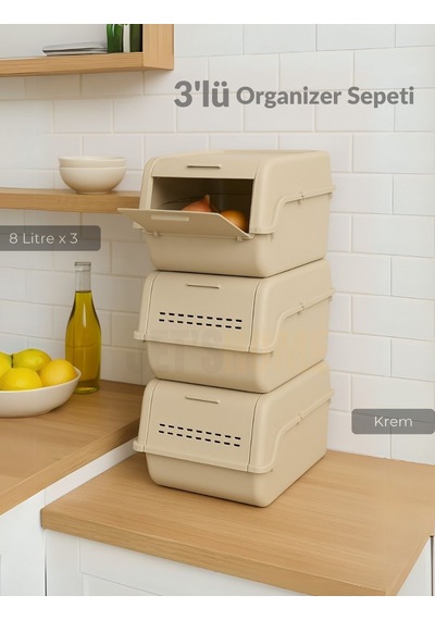 3'lü Set Organizer Erzak Kutusu Bpa Free Saklama Kutusu Soğanlık Sebzelik Sepet Krem 8 Lt X 3 Krem